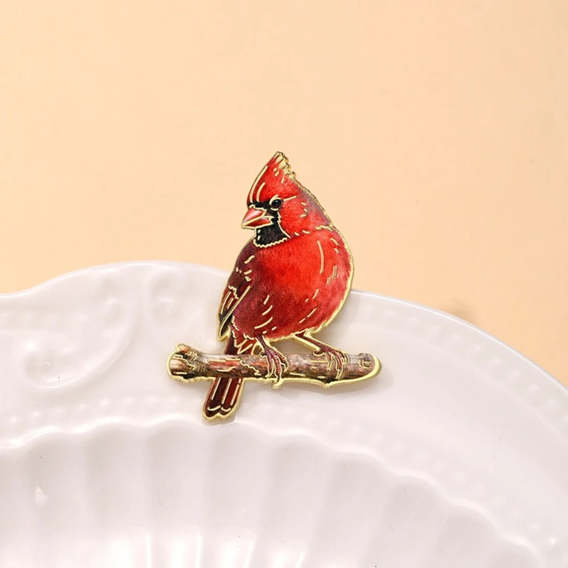 Creative Northern Cardinal Bird Shape Metal Brooches Red Cardinal Bird Badges Pins DIY Clothing Bags Hat Scarf T-shirt Accessory