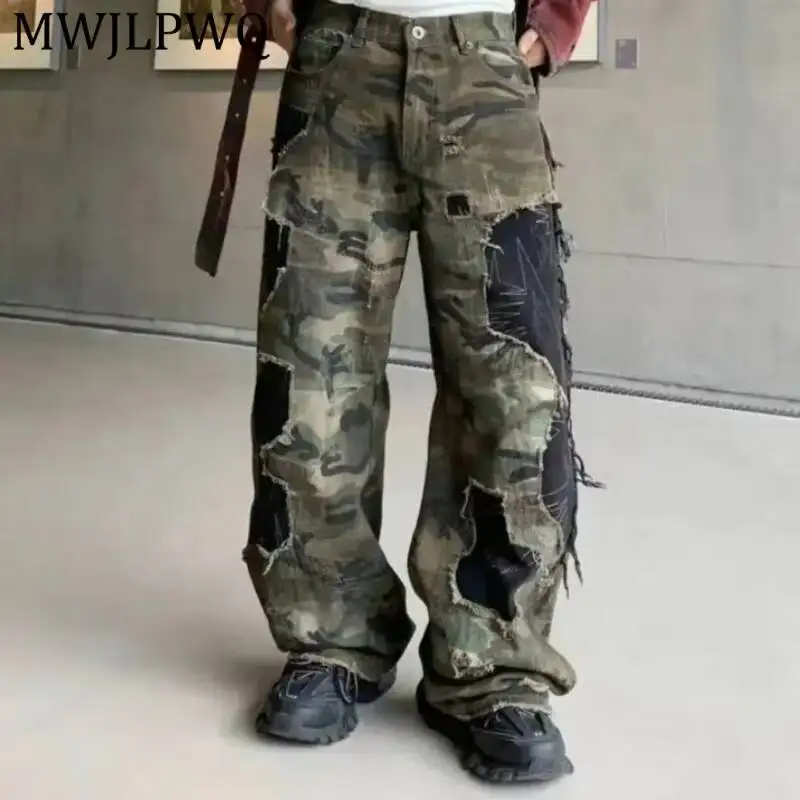 

MWJLPWQ Camouflage Patchwork Fake Ripped Jeans Men's 2026 Fashion New Washed Casual Loose Straight Leg Machete Pants 17280