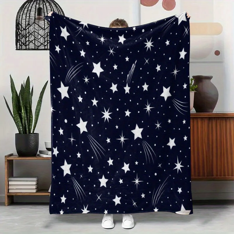 Всесезонное плюшевое фланелевое одеяло — темно-синее и золотое звездное ночное небо с белыми звездами, мягкая теплая золотистая текстура