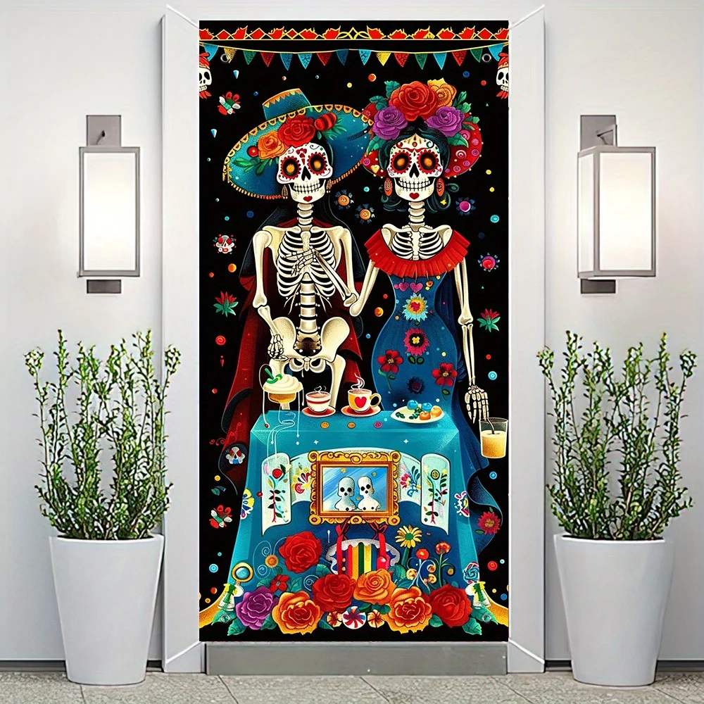 Ein lebendiges Halloween-Türbanner für den Tag der Toten – Polyester, mexikanisches Totenkopf-Design, Halloween-Dekoration