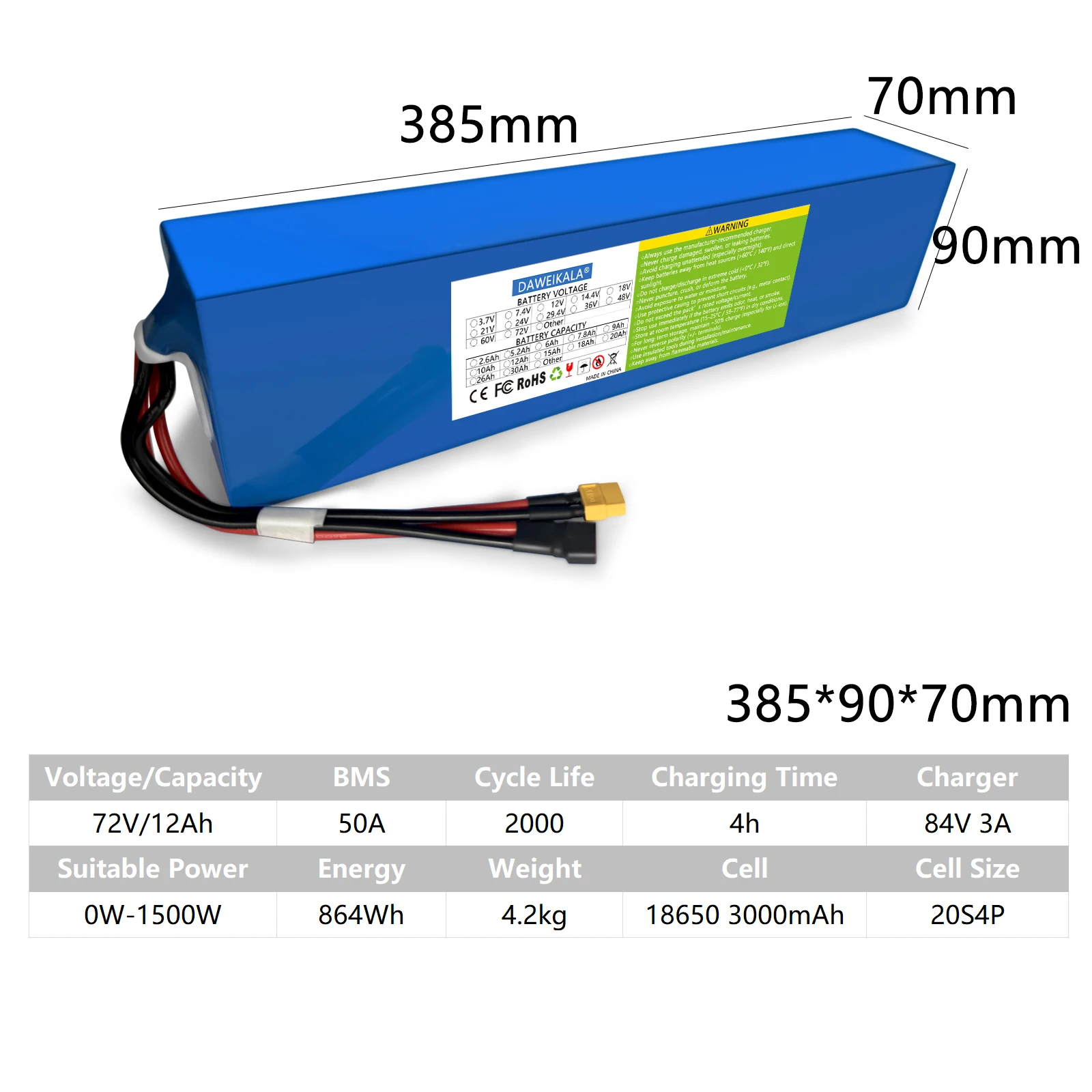 Nieuwe 72 V 12Ah-30Ah 18650 Batterij 50A BMS 100% Real Capaciteit 3000 W High Power motor Voor Elektrische motorfiets Driewieler Scooter