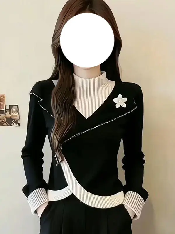 

Faionable Contrast Color Blo High Collar Slim Fit Long Sve T-irt Women's Base Layer Top Floral Decoration Casual Sle