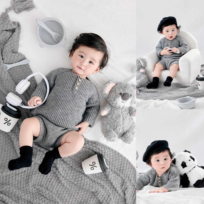 

Autumn Winter Newborn Clothes 2pcs Set With Beret Hat Socks 3-4M Baby Solid Color Long Sleeve Outfits Newborn Photography Props
