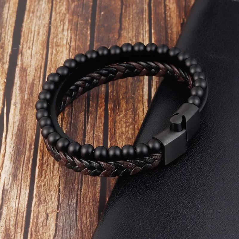 Men Classic Fashion High Quality Leather Bracelet Obsidian Beaded Multi Layer Leather Bracelet For Men Jewelry Gift image 2