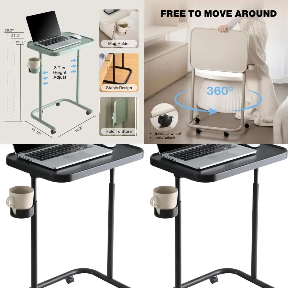 Adjustable Rolling TV Tray Table with 3 Height Options and 90° Tilt, Portable Desk for Bed or Sofa (Charcoal)