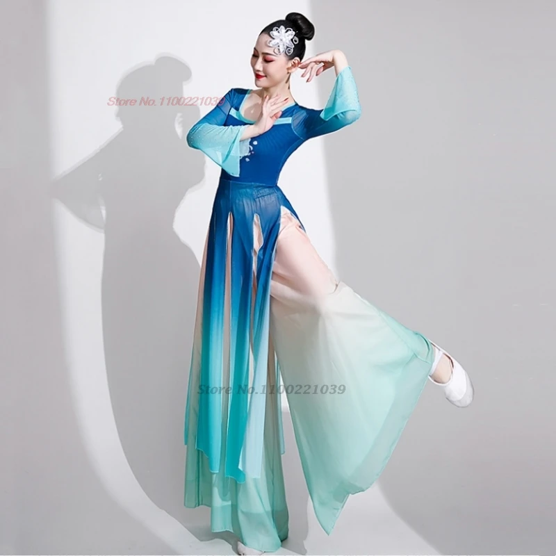 2025 زي الرقص الشعبي الصيني العتيق متدرج اللون شبكة hanfu بلايز + فستان أطفال مع سروال داخلي فستان أداء مرحلة التدريب التقليدي