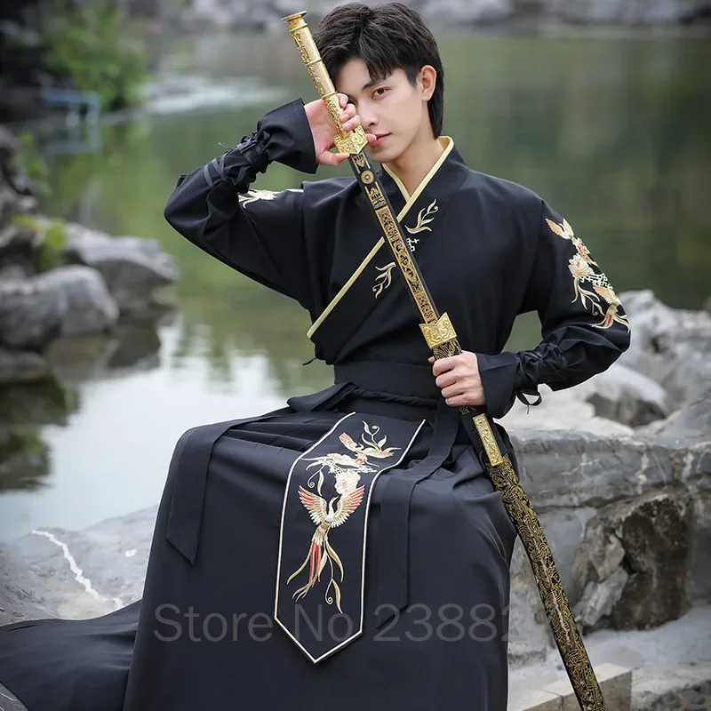 WATER Men's Hanfu Chinese Style Handsome Belly Black Childe Martial Arts Style Male Student Youth Team Performance Dress