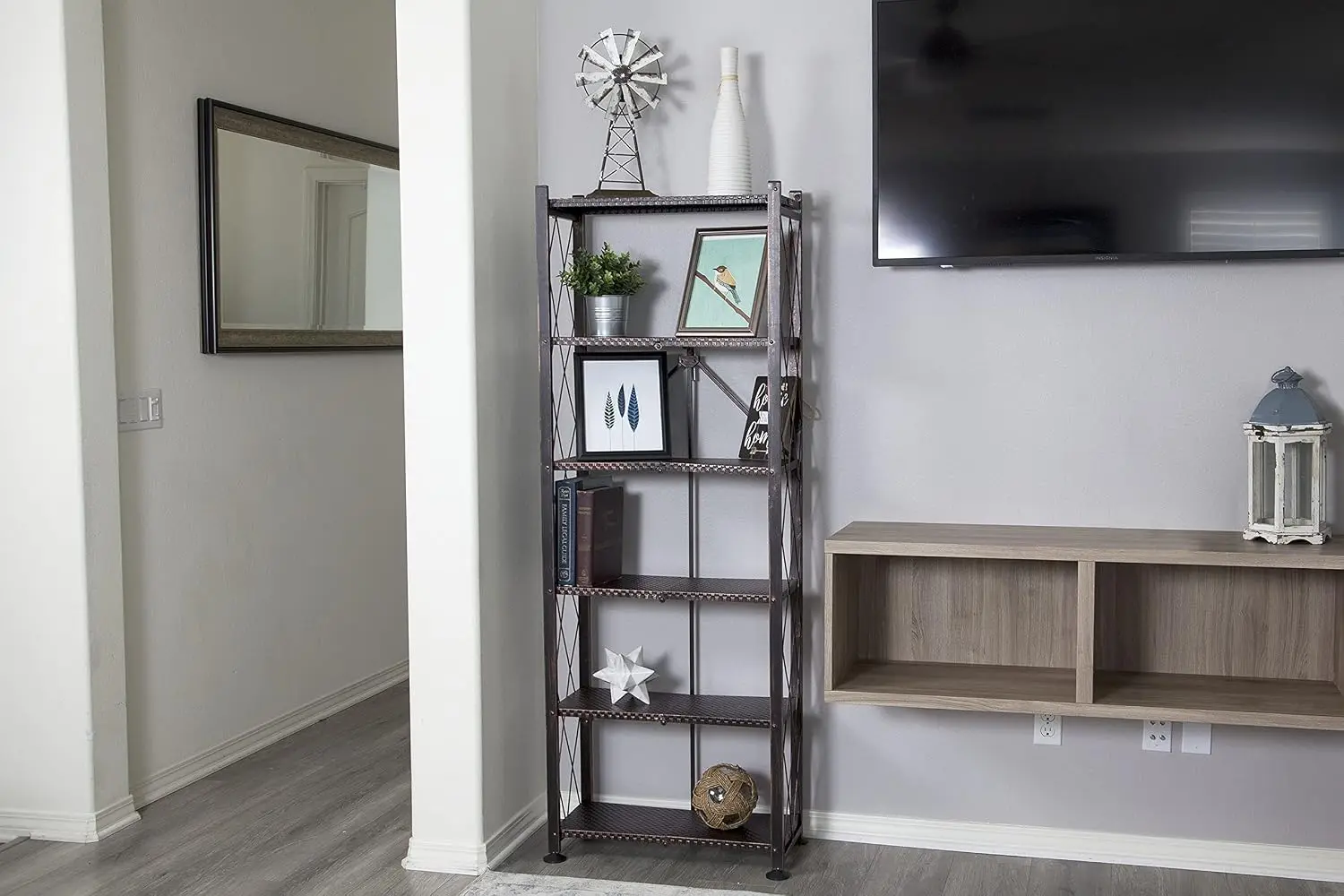 6 Tier Stamped Steel Bookcase Shelf Organizer Rack with Storage for Decor Vinyl Records & Books, Bronze, Customized