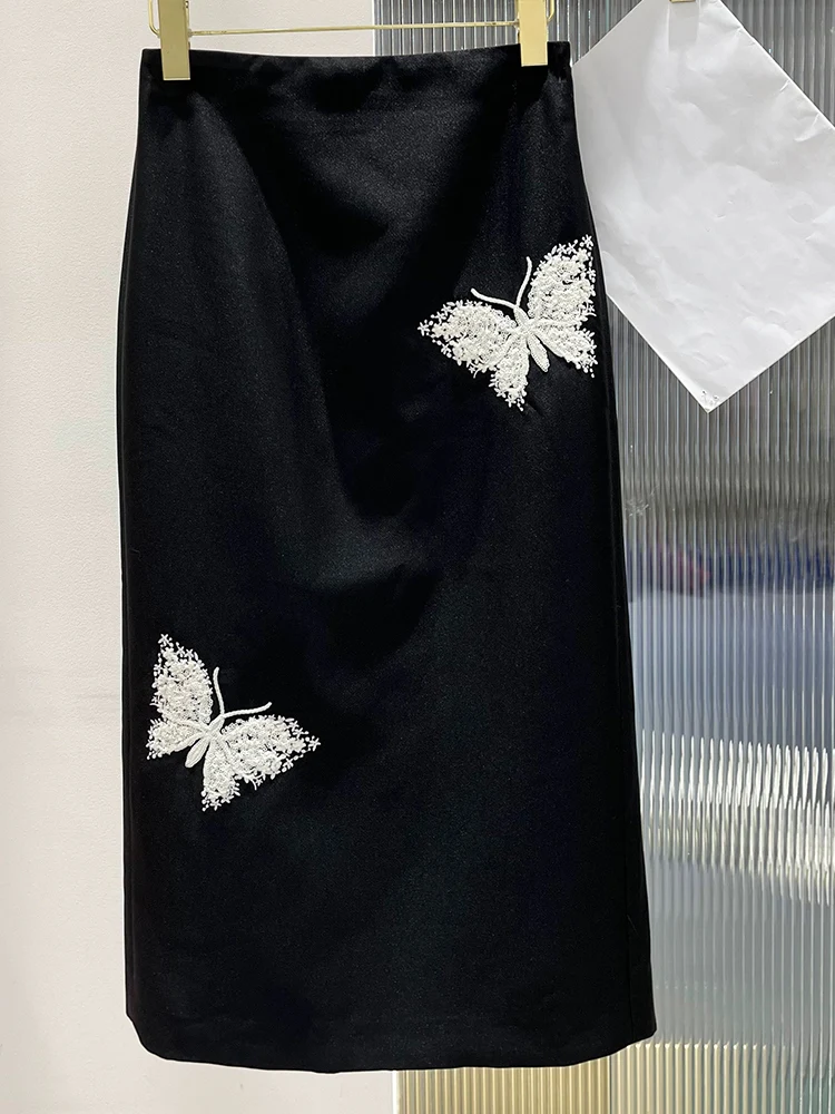 Retro Butterfly sequined embroidered solid color skirt female spring 2024 new high waist slim split slim hip one-step skirt.