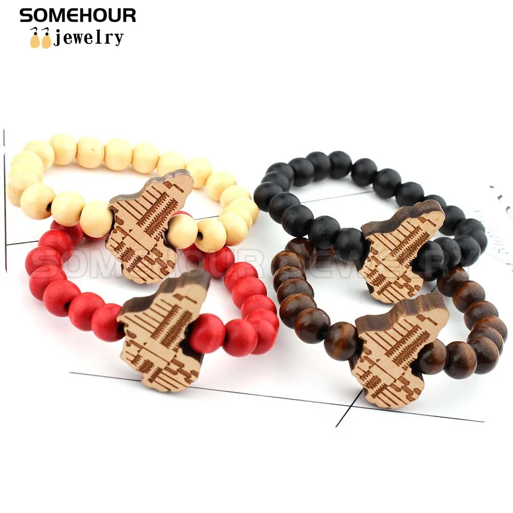 SOMEHOUR Laser Carved African Map Wooden Bracelet Afrocentric Ethnic Design Charms Wood Beads Bangle Jewelry For Women Men Gift