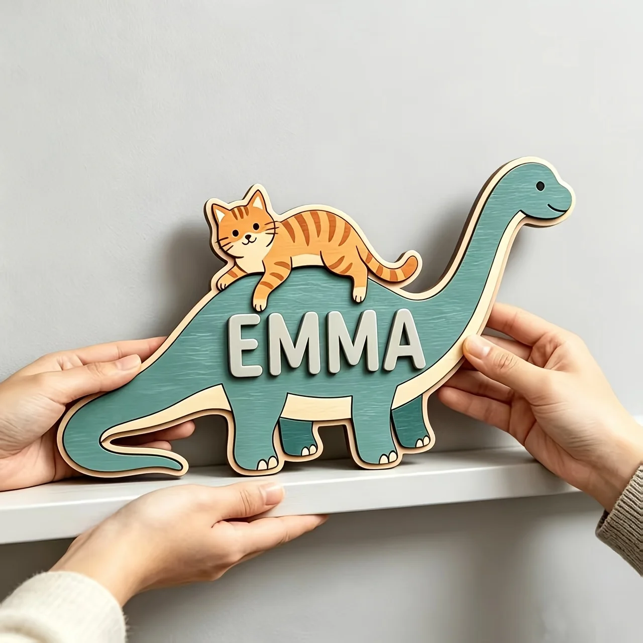 Personalized Cat Riding Dinosaur Name Room Sign, Customizable Cute Cartoon Wooden Plaque, Nursery Bedroom Decor, Sweet Gift - view 4