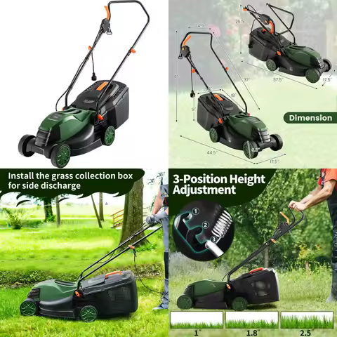 Electric Lawn Mower with Grass Collector, 12 AMP Motor, 14-Inch Deck, 3 Height Adjustments for Versatile Yard Care