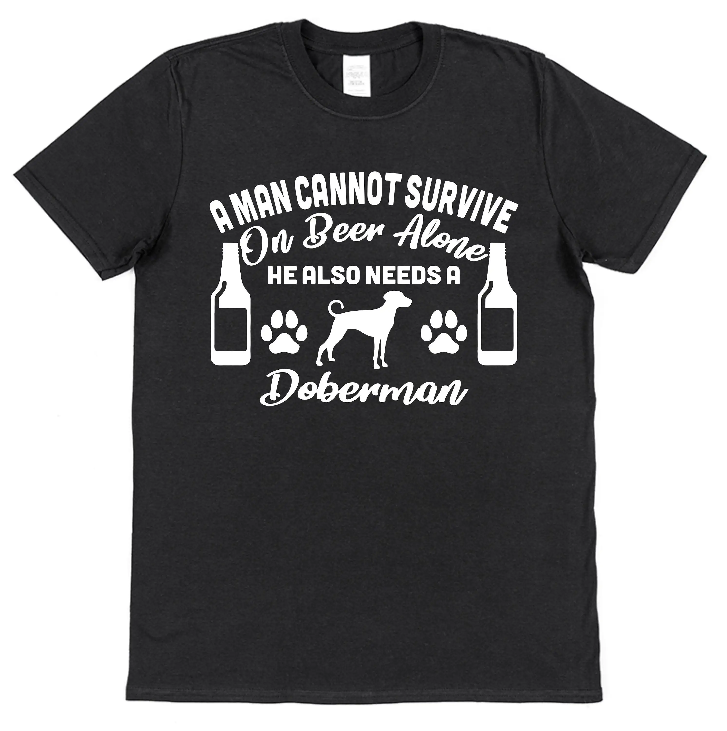 A Man Cannot Survive On Beer Alone He Also Needs Doberman T Shirt Dog Dad Puppy Owner Lover Dobie s Dobermann