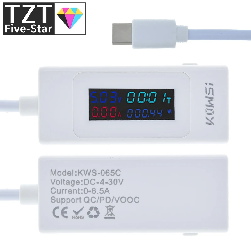 TZT 4-30V 6.5A Voltage Type-C USB-C Tester Current Meter Timing Ammeter Digital Monitor USB Charger Tester Power Meter KWS-065C