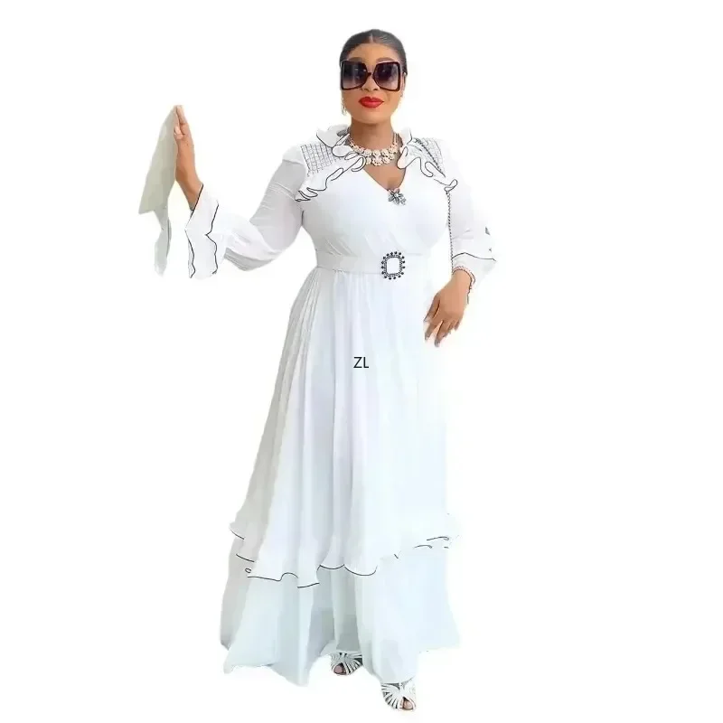 Plus Size African Party Dresses for Women Fashion Dashiki Ankara Wedding Gowns Elegant Muslim Chiffon Maxi Dress Outfits