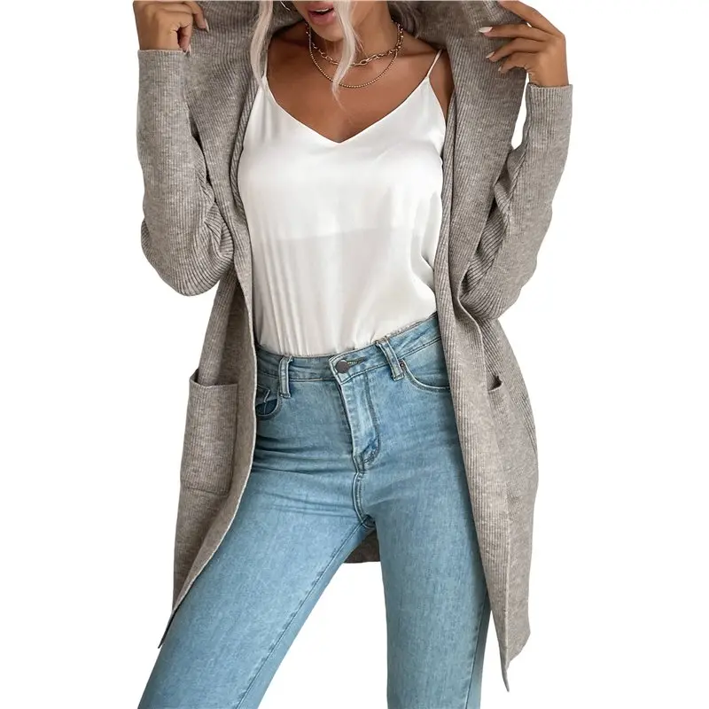 

【ФИТОРИТ!】Женский вязаный зимне-осенний свитер с капюшоном и длинными рукавами в рубчик, кардиган, пальто с карманом