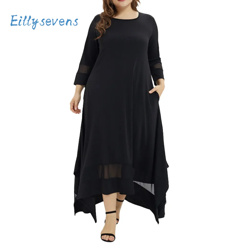 Large Size Round Neck Muslim Dress Classic Simple Solid Loose Long Sleeve Patchwork Dresses With Pockets All-Match Comfy Dress