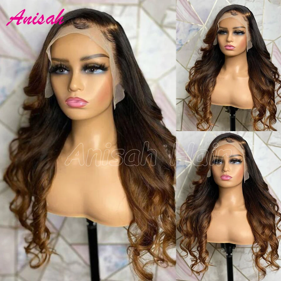 

Ombre Wavy Lace Front Human Hair Wigs For Women Bleached Knots Preplucked 13x4 Brazilian Hair Transparent Lace Frontal Wig