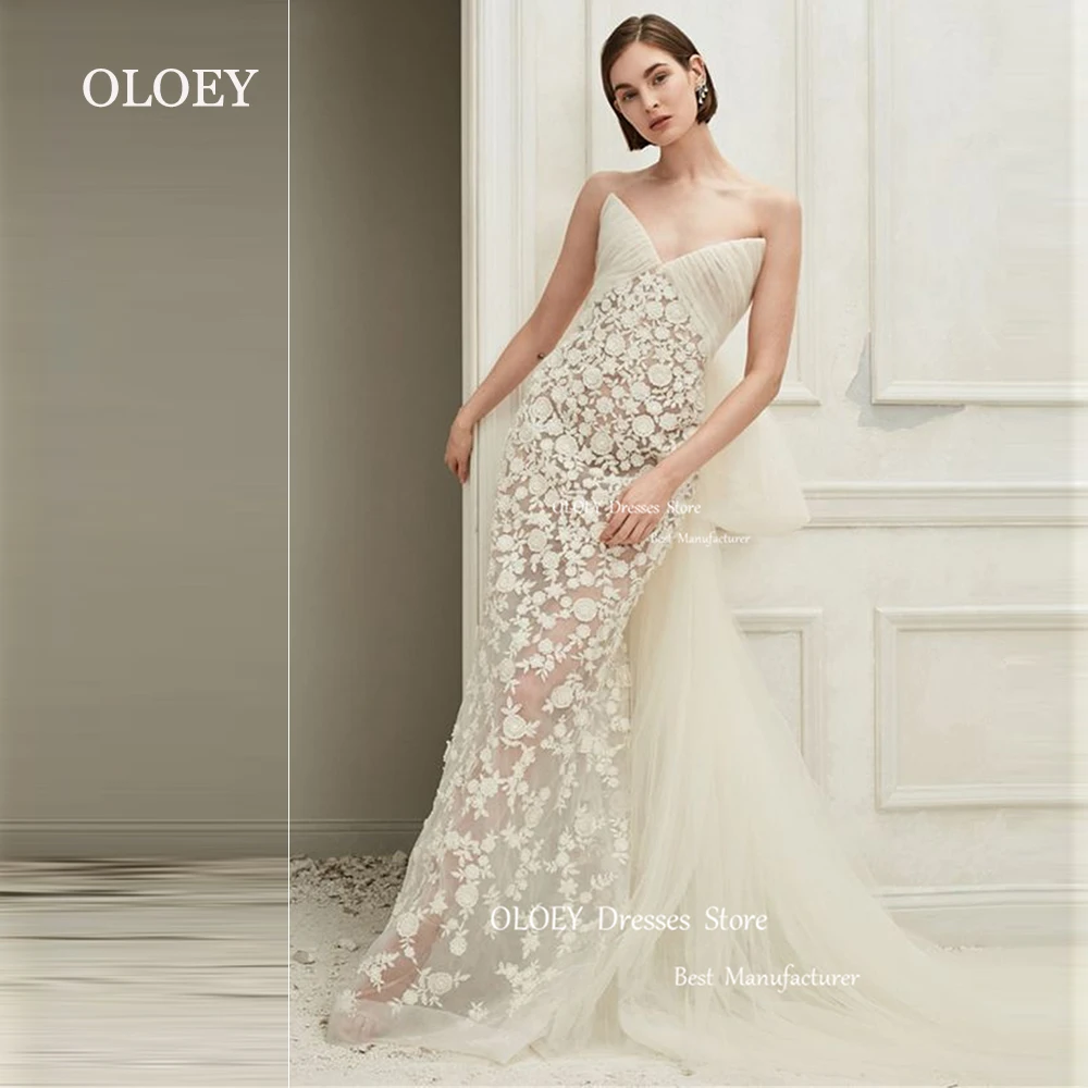 

OLOEY Luxury V Neck Lace Wedding Dress Sleeveless Mermaid Ivory Bridal Gown Floor Length Back Tulle Bow Custom Made