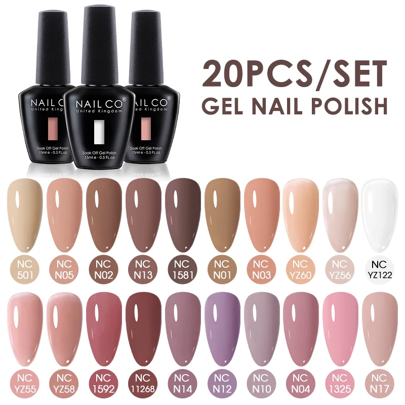NAILCO 20個入りジェルネイルポリッシュセット、15MLベース、グロッシー/マットゴールド/シルバー/グリッター/トップコート、長持ち、女の子向けネイルサロンアート