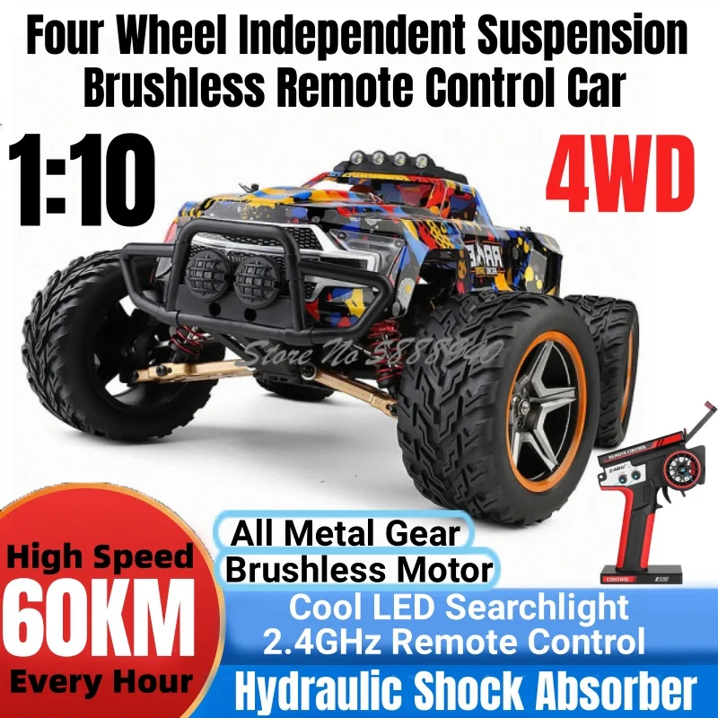 Brushless Power High Speed RC Car 1:10 4WD 60KM/H Metal Gear LED Searchlight Four Wheel Independent Suspension Radio Control Car