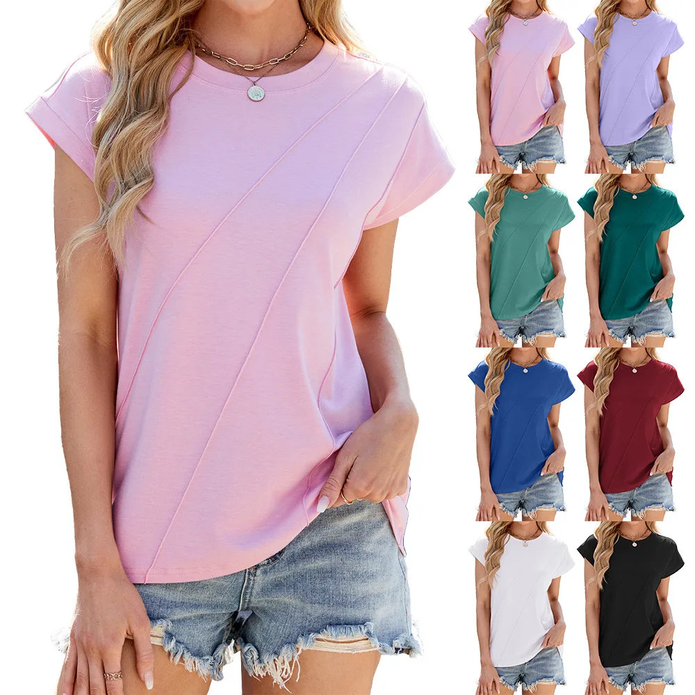 

Women's Solid Color Rolled Sleeve T-Shirt Diagonal Seam Casual Loose Crew Neck Basic Tee Tops
