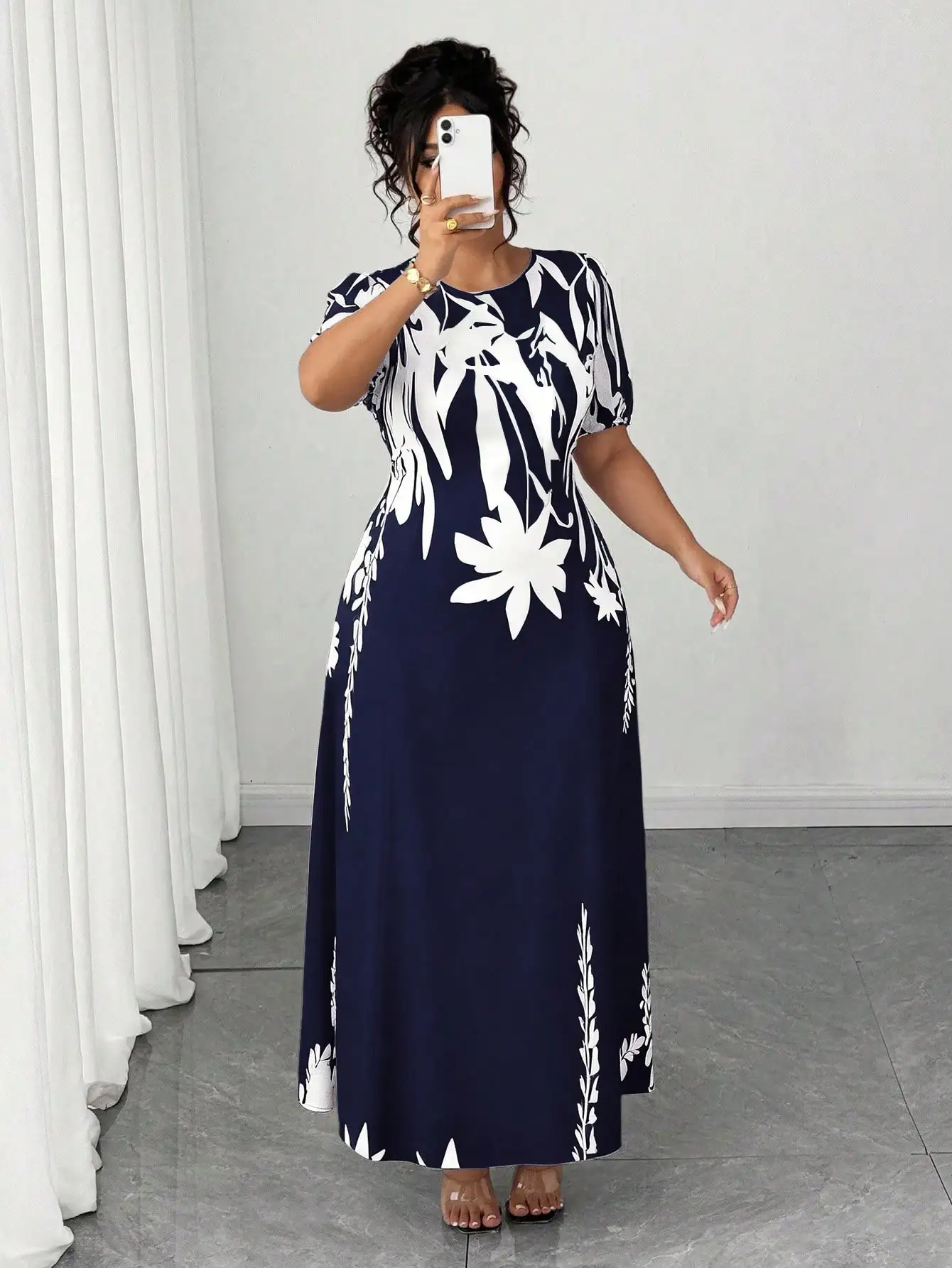 

Elegant A-Line Plus Size Floral Print Midi Dress For Women