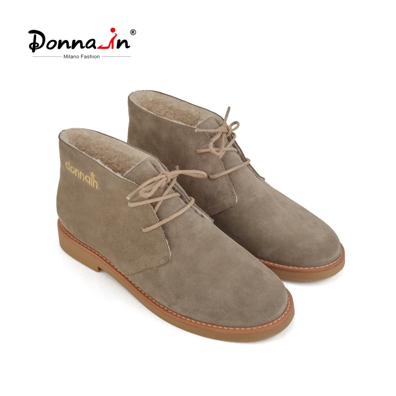 Donna-in Genuine Leather Ankle Boots Low Heel Women Winter 2022 Wool Warm Comfortable Soft Cow Suede Lace up Women Flat Shoes