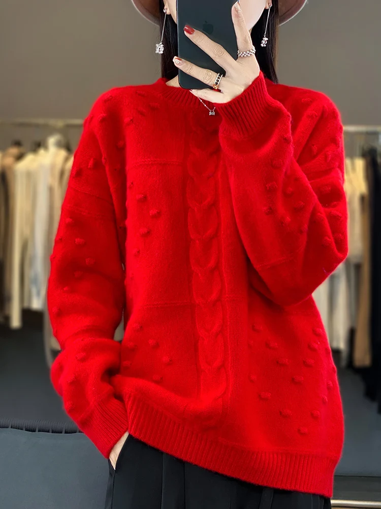 Addonee New Women Sweater High Quality 100% Merino Wool Twist Flower O-Neck Pullover Cashmere Knitted Winter Female Dress Tops