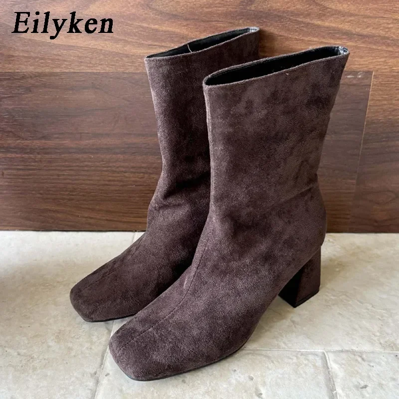 Eilyken 2027 Autumn Winter Square Toe Ankle Boots Women Chunky Low Heels Shoes Fashion Vintage Mid Calf Booties