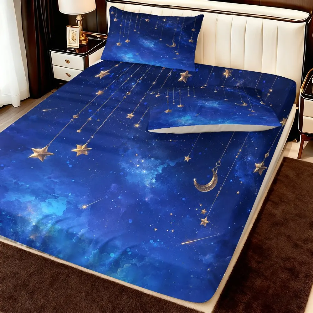 Blue Starry Sky Atmosphere Must-Have, Perfect Gift for the Day, Three-Piece Bedding Set (Including 1 Fitted Sheet + 2 Pillowcases), Large Capacity Deep Bedding Set, Fitted Sheet Style, Elastic Cover, Mattress Protector, Machine Washable Design, Holiday Decoration, Various Sizes, Breathable Protector Plus Pillowcase