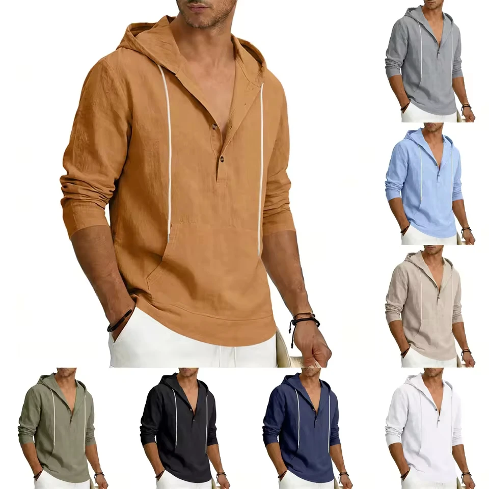 2026 Fashion Corduroy Shirt Men Long Sleeve Men'S Linen Hooded Shirt Long Sleeved Casual Top With Drawstring Pockets Ropa Hombre