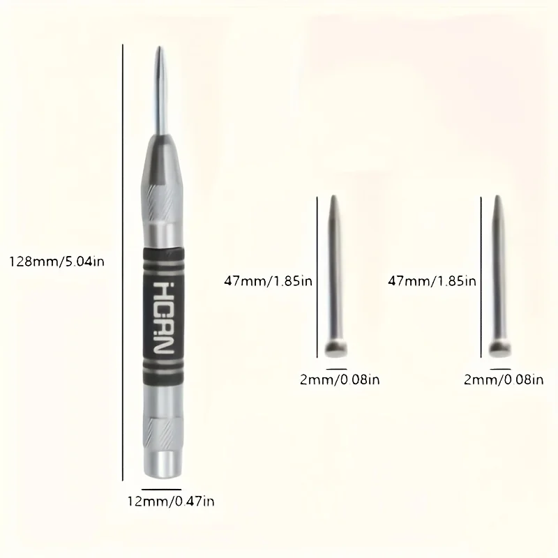 Automatic Center Punch with 2 Extra Drills - 5 Heavy Duty Steel Spring Punch Tool, Adjustable Tension, Rust Resistant, Polished,