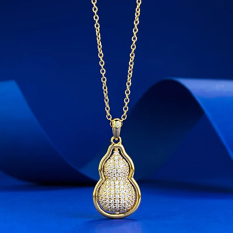 S925 silver necklace gold-plated ancient gourd luxury set zircon pendant with Chinese style gold necklace for hair replacement