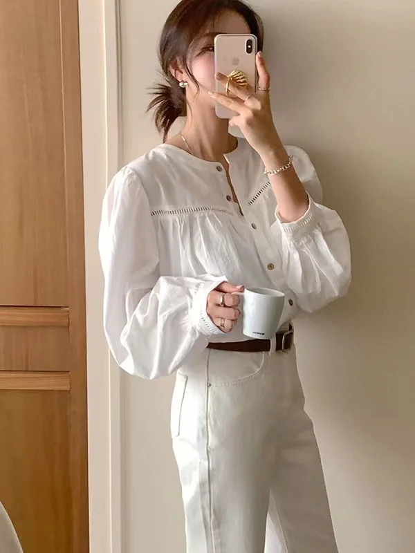 White Eyelet Embroidery Round Neck Blouse Women Puff Balloon Long Sleeve Gathered Front Button Down Casual Cotton Shirt