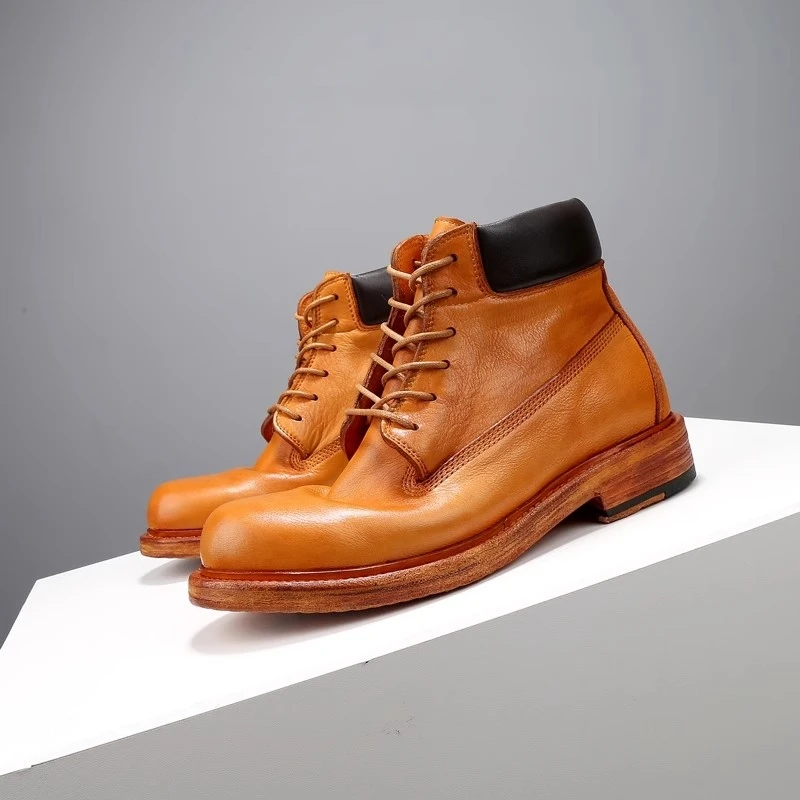 New Handmade Genuine Leather Casual Ankle Boots Men Vintage Outdoor Motorcycle Boots Work Chelsea Lace Up High Top Shoes