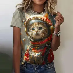 Cat Cosmonaut Pattern Funny Women's Loose T-shirts Casual Fashion Short Sleeves T shirt Summer Trend O-neck Women Clothing Tops