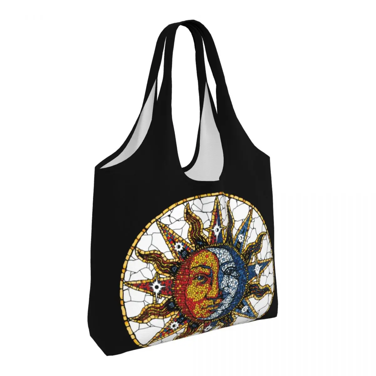 Custom Celestial Mosaic Sun And Moon Coaster Canvas Shopping Bag Women Reusable Large Capacity Grocery Shopper Tote Bags