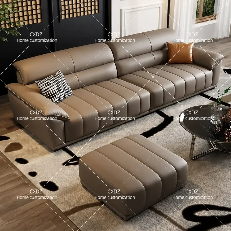 Minimalist Leather Sofa for Living Room Small Apartment Simple Modern First Layer Cowhide Straight Row Piano Keys Light