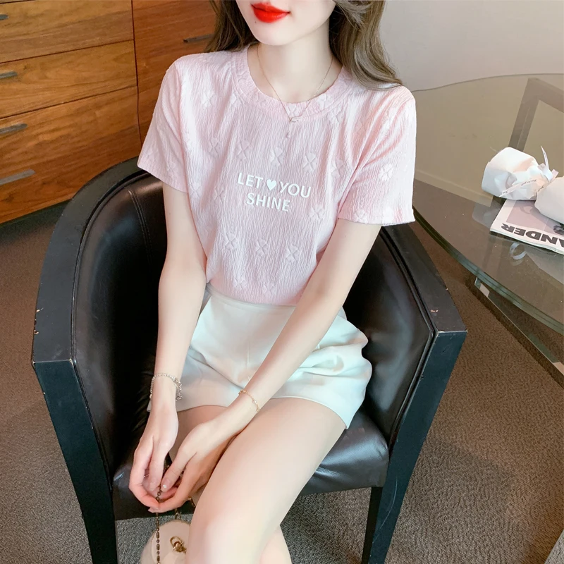 

Shipped Summer New Round Neck Pullover Short Sleeve T-Shirt Simple Letter Print Stylish Youthful Women's Top