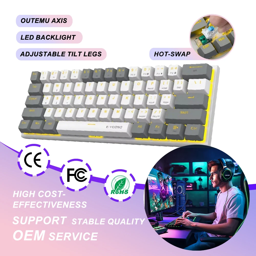 Hot Sale Mini Wired Mechanical Keyboard 61 Keys LED Backlit Ergonomic USB Type-C Programmable Waterproof Gaming Keyboard