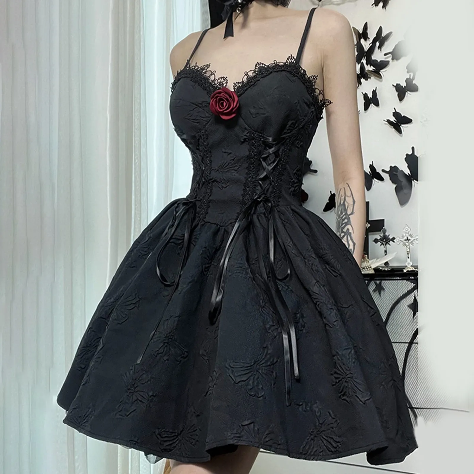 Gothic Hrajuku Lolita Black Dress Y2k Lace Up Party Dresses For Women High Waist A Line Mini Dress Spaghetti Straps Punk Dresses