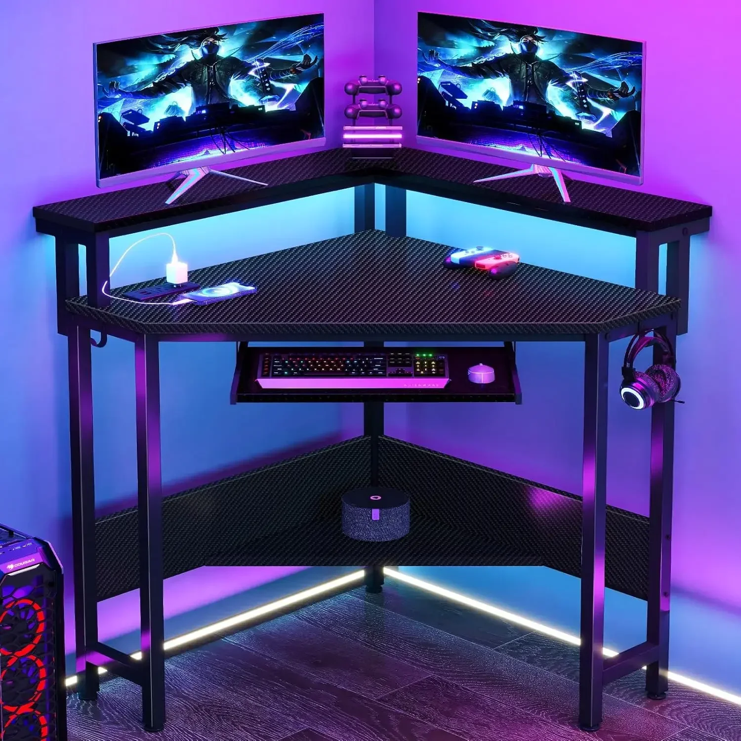 Conner Desk Home Office Computer Desk for Small Space with LED Lights Gaming Table with Storage Shelves Power Outlets Monitor St