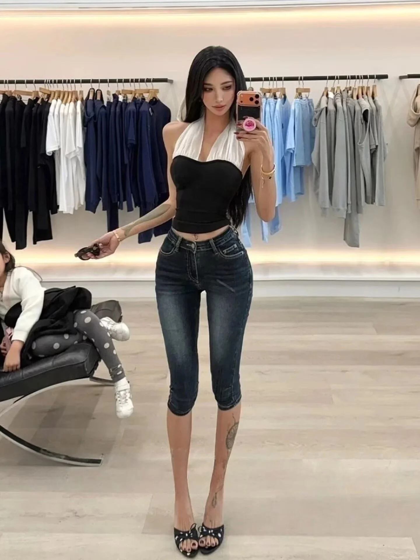 Slim Fit Cotton Stretch Denim Folded Hem Seven-Foot Jeans High Waist Lifting Butt Slimming Abdomen Control Stylish Pants