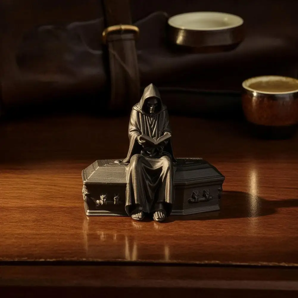 Statues 3d Printed Reading Skeleton Figurine Hooded Reader Statue Spooky Desktop Ornament for Home Office Bookshelf Decor Matte