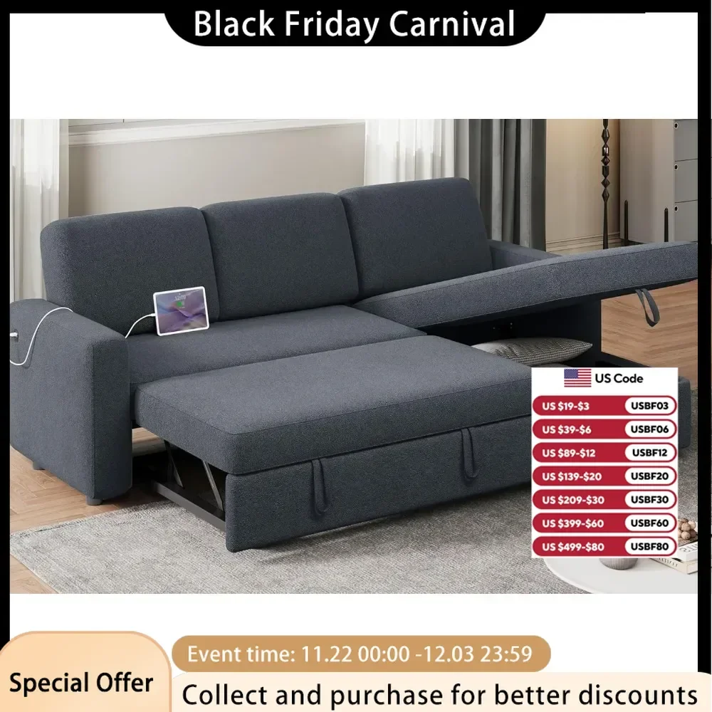 리클라이너 및 USB 포함 L자형 프로파일, 리버시블 소파 베드, 풀아웃 베드 및 수납 공간, 4 인용 원단 컨버터블