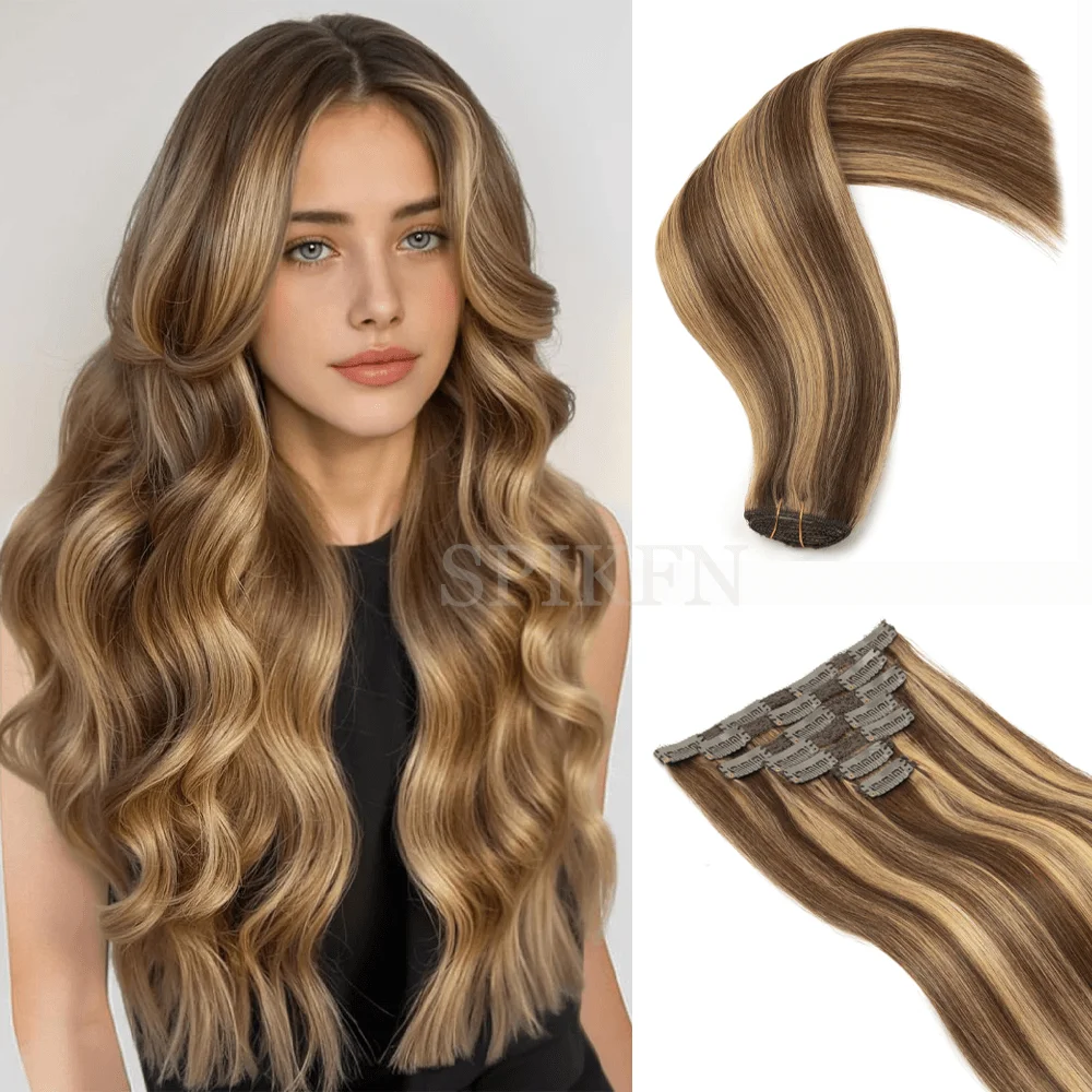 

Highlights Honey Blonde Clip in Hair Extension Human Hair 12-24 inches Clip in 100% Human Hair Natural Extensions Straight