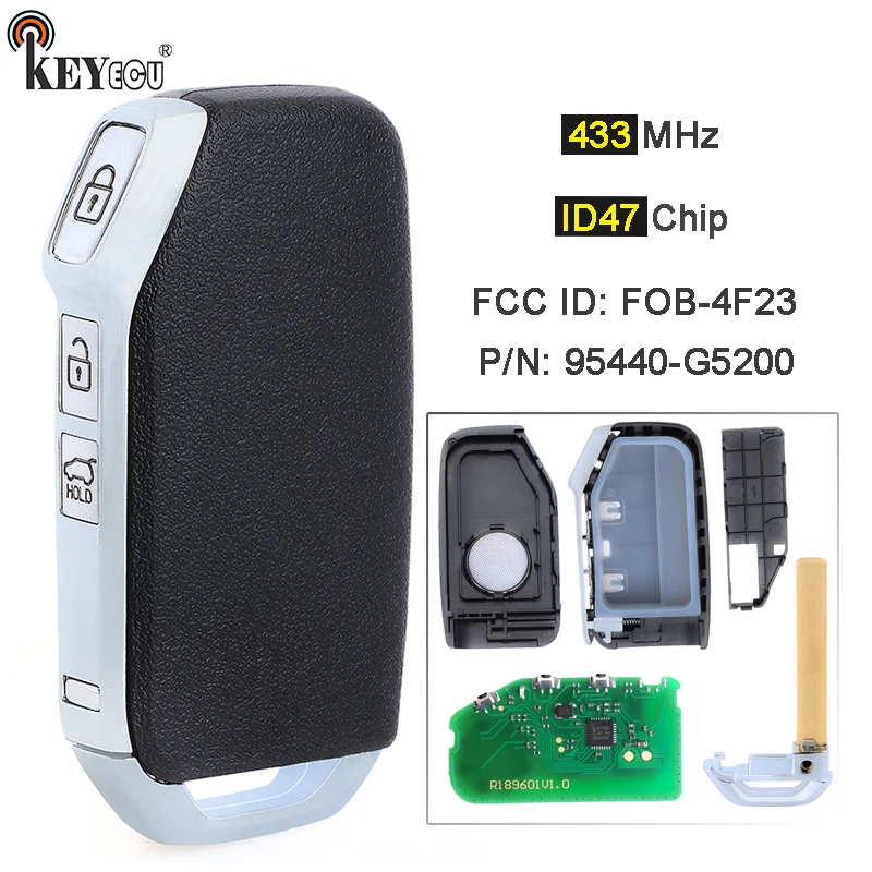 KEYECU 433MHz 8A Chip FCC ID: FOB-4F23 PN: 95440-G5200 4 przyciski obudowa inteligentnego pilota z kluczykiem samochodowym Fob dla KIA Niro 2019