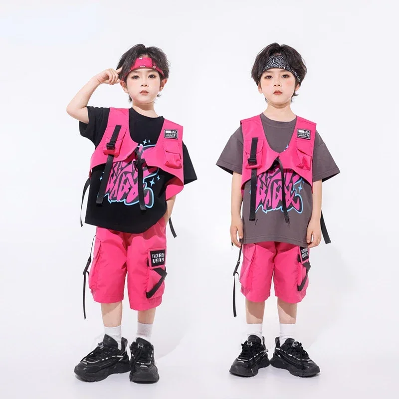 Neue Hip Hop Street Dance Kleidung für Jungen Rose Rot Weste Shorts Casual T Shirt Mädchen Jazz Leistung Kostüm Gruppe Bühne Outfits