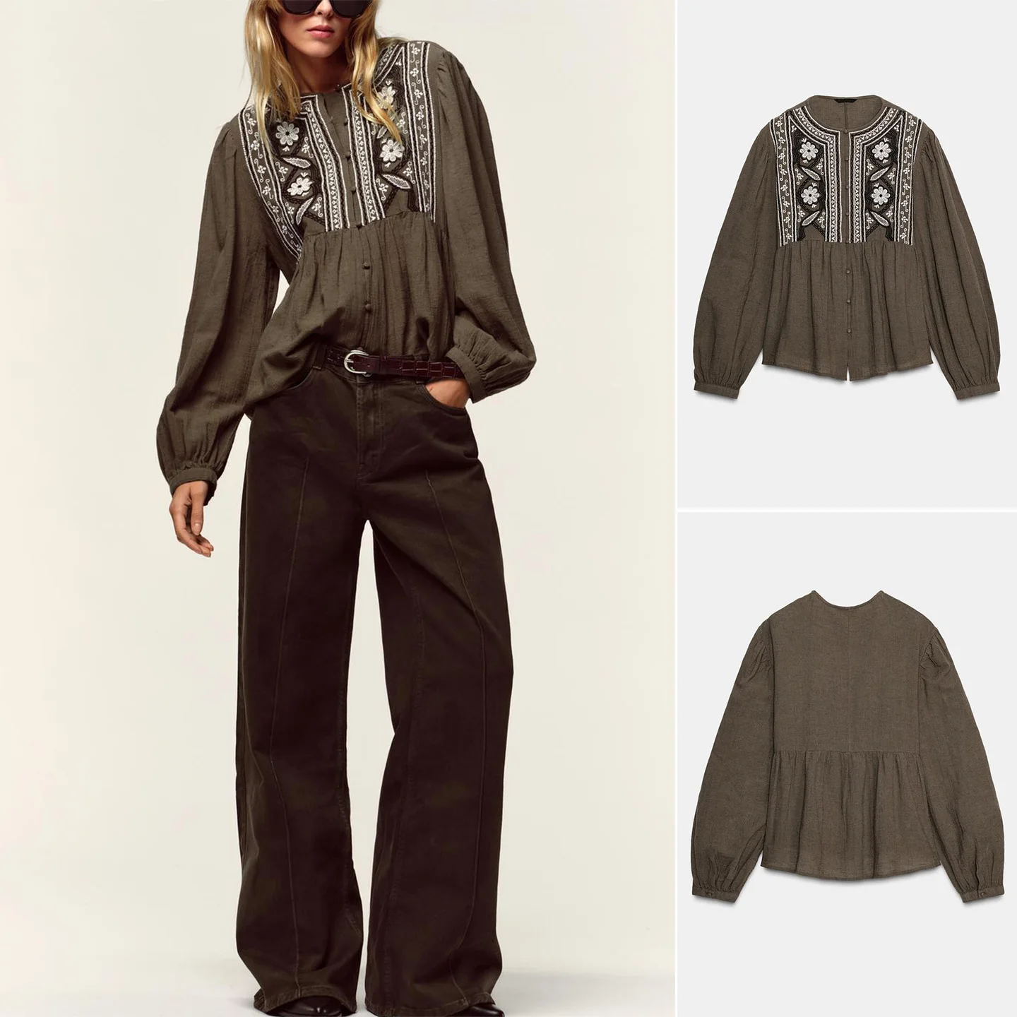 Neue Herbst Damen runde Ne Long Sve bestickt Farbe Blo irt Top Französisch Sle Loose Fit Polyester atmungsaktiv